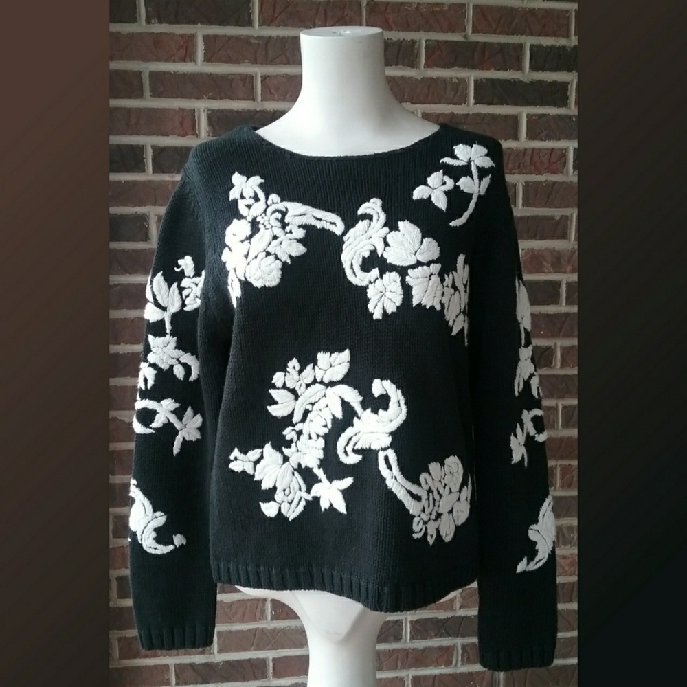 B. Moss Cropped Crew Neck Needlepoint Sweater